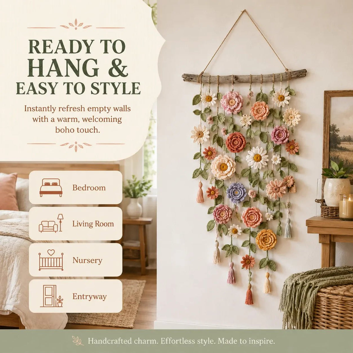 ❄️Zomerfresh 50% Korting!🌸Gehaakte Bloemen Wanddecoratie – Boho Wandhanger met Bloemen, Groene Ranken & Kwastjes voor Slaapkamer en Woonkamer