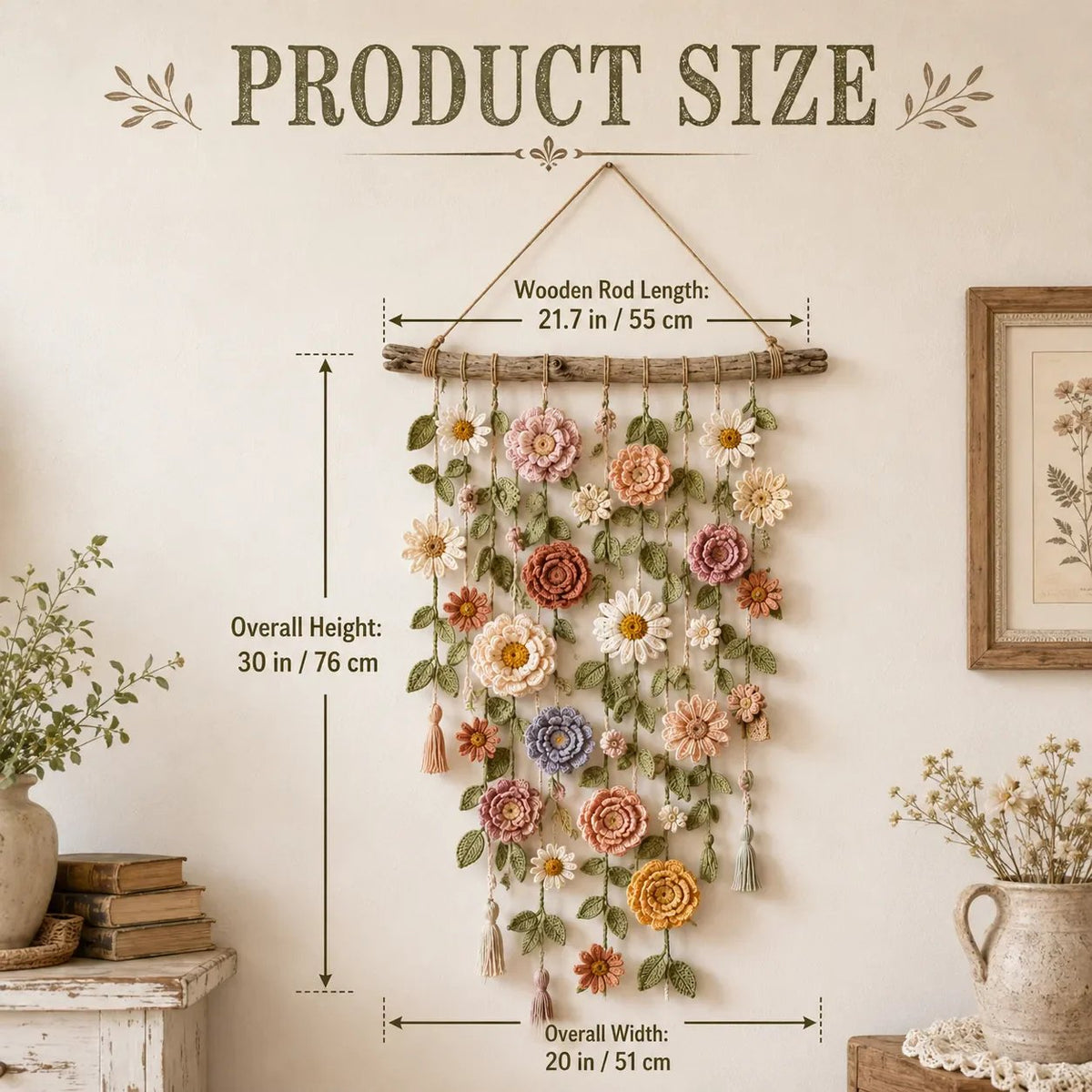 ❄️Zomerfresh 50% Korting!🌸Gehaakte Bloemen Wanddecoratie – Boho Wandhanger met Bloemen, Groene Ranken & Kwastjes voor Slaapkamer en Woonkamer