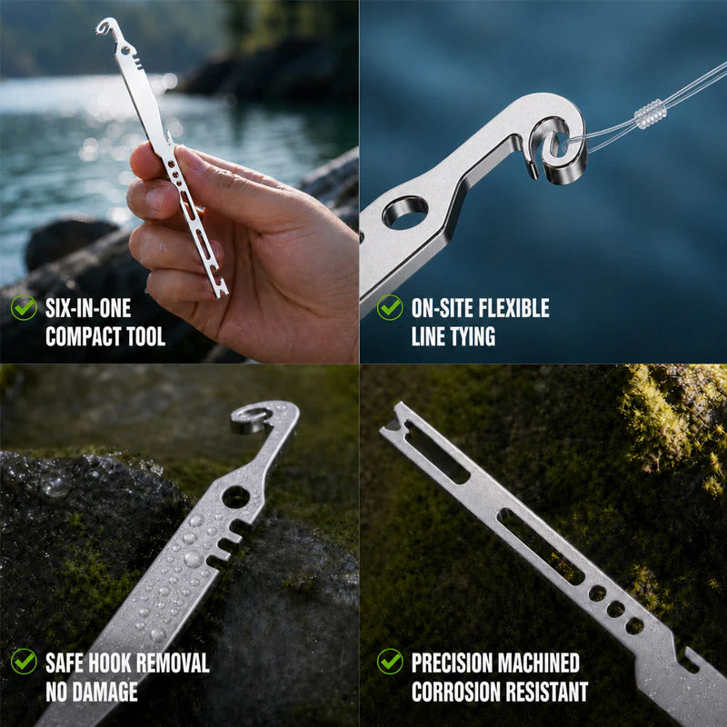 🎣 6-in-1 roestvrij stalen vistool – haakverwijderaar, knoopmaker en meer, compact en stevig.