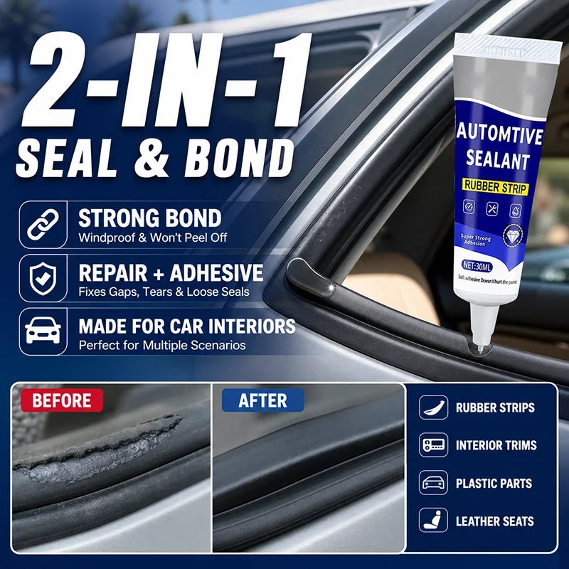 🚗NU 50% KORTING! Auto Deur Rubber Afdichtingslijm – 2-in-1 Afdichten & Hechten Automotive Reparatielijm, Herstelt Rubber Strip Gaten, Scheuren & Los Trim voor Auto Interieur Onderdelen