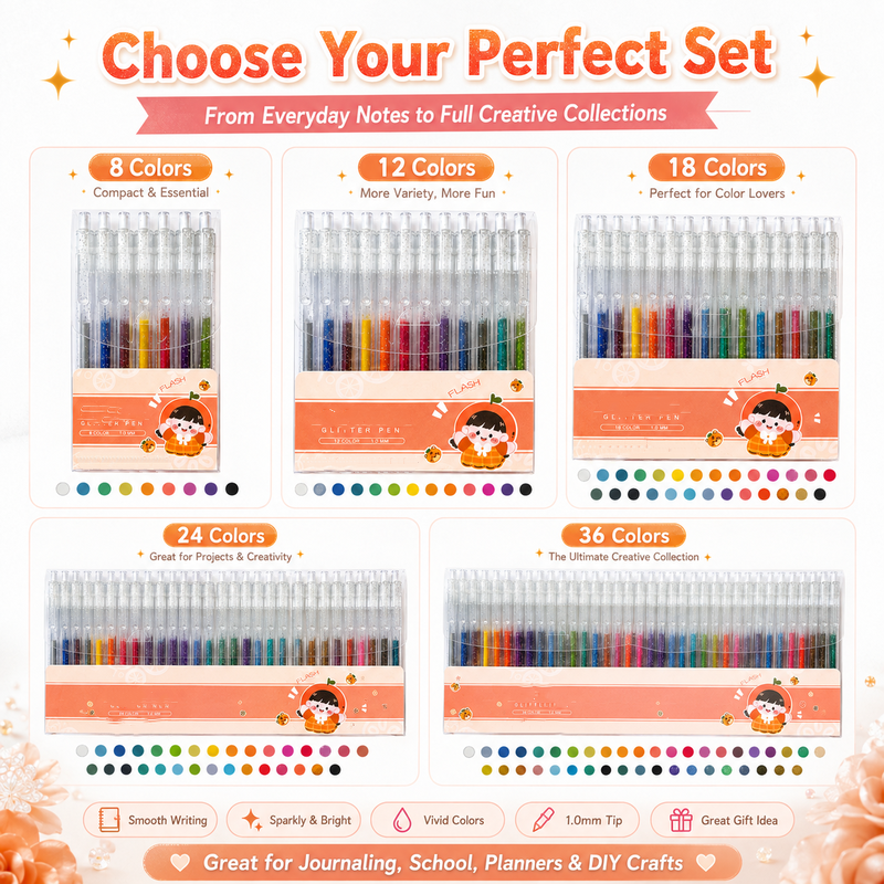 Set met intrekbare glittergelpennen voor journaling en tekene