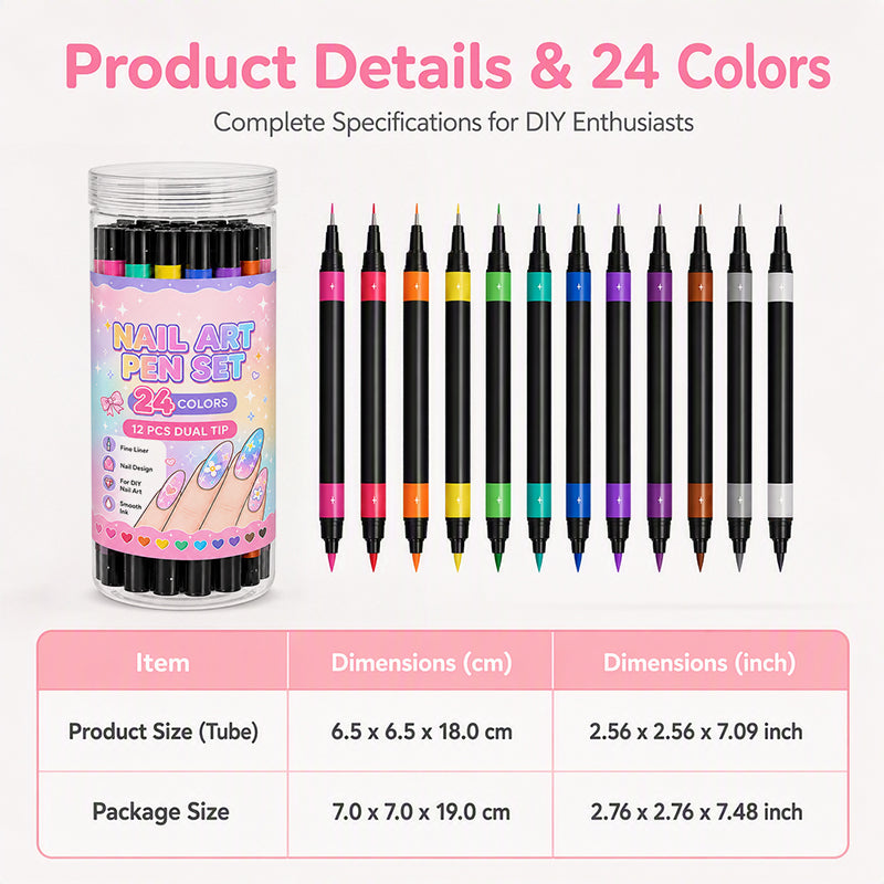 💥 Set van 24 dubbelzijdige nailartpennen in 24 kleuren – Creatief, salonkwaliteit, eenvoudig zelf te gebruiken ✨