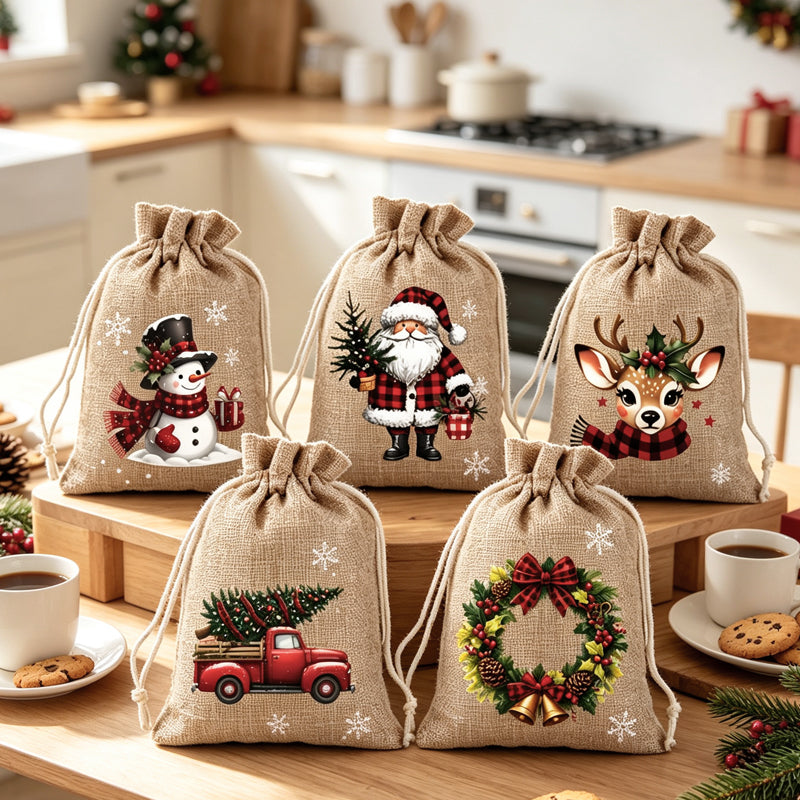 🎁 50% KORTING – KOOP 1, KRIJG 5! Kerstcadeauzakjes met Schattige Prints | Herbruikbaar & Scheurvast | Met Koordsluiting voor Snoep, Sieraden & Kleine Cadeautjes