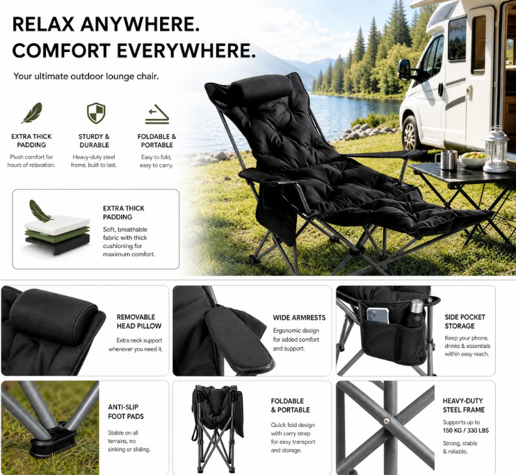 🪑 Verstelbare klapstoel voor buiten – Licht, stevig en veelzijdig – Ideaal voor in de tuin, op de camping, op het strand of op het terras – Gemakkelijk mee te nemen en in elkaar te zetten 🏕️✨