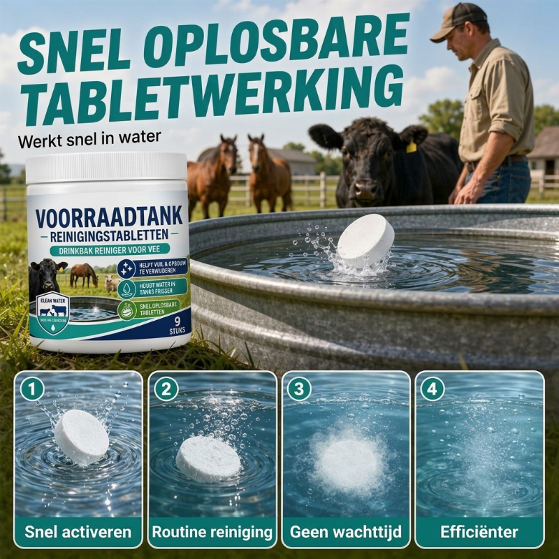 Sneloplossende reinigingstabletten voor veewaterreservoirs