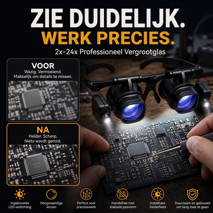 🔥 NU 50% KORTING! 🔍 Hogeprecisievergrootglas met LED, verwisselbare lenzen handsfree ontwerp 🛠️✨