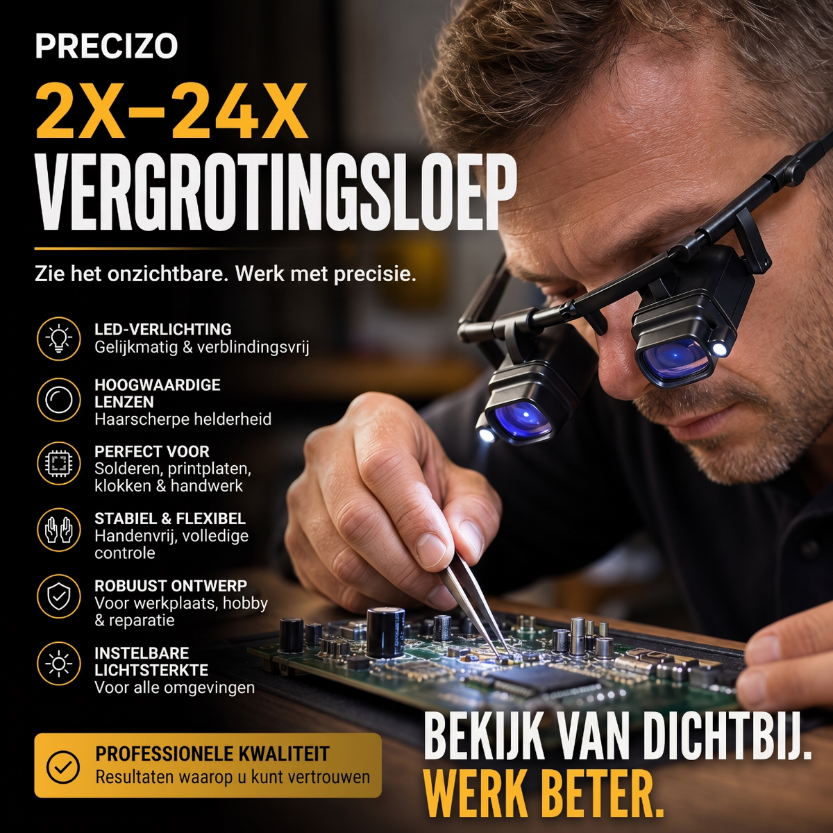 🔥 NU 50% KORTING! 🔍 Hogeprecisievergrootglas met LED, verwisselbare lenzen handsfree ontwerp 🛠️✨