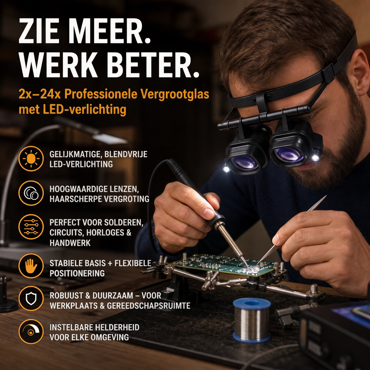 🔥 NU 50% KORTING! 🔍 Hogeprecisievergrootglas met LED, verwisselbare lenzen handsfree ontwerp 🛠️✨
