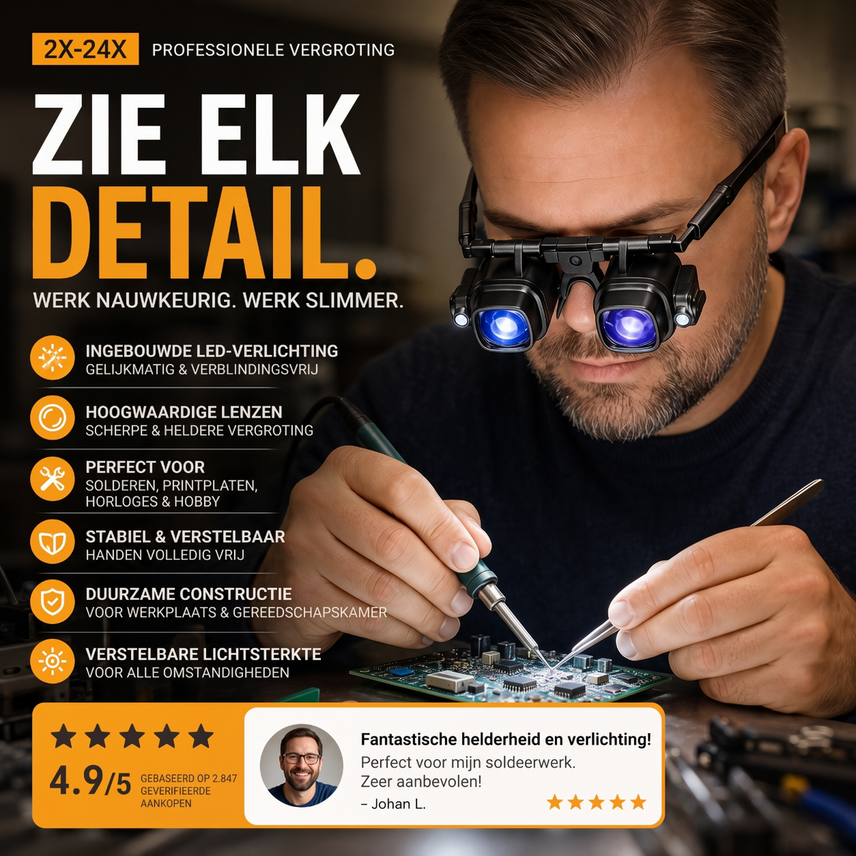 🔥 NU 50% KORTING! 🔍 Hogeprecisievergrootglas met LED, verwisselbare lenzen handsfree ontwerp 🛠️✨