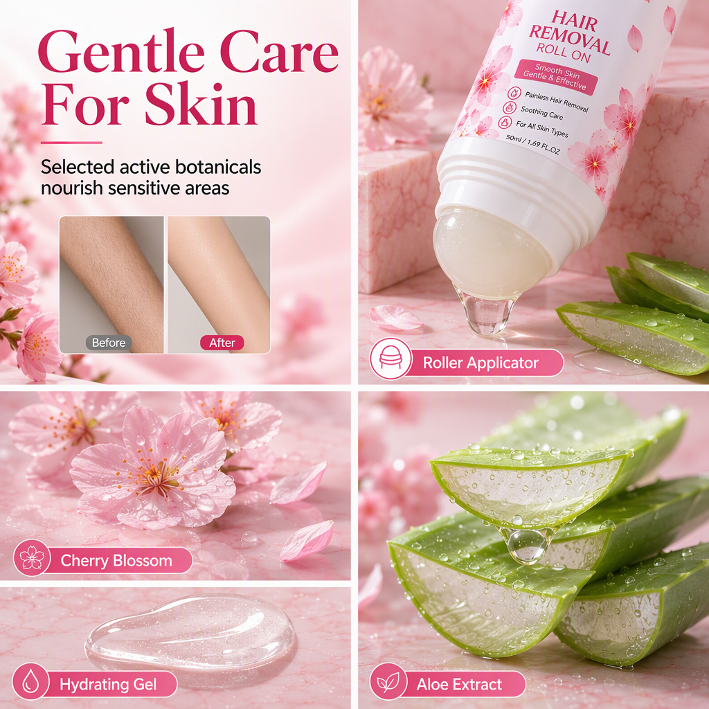 🪒🚫 Nooit meer scheermesjes, snijwondjes of irritatie! Deze roll-on ontharingsgel met kersenbloesem glijdt zacht over je huid – zijdezacht, zelfs op gevoelige plekken.