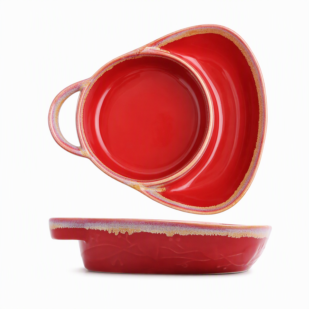 🍽️✨ Retro Keramische Serveerschaal met 2 Vakken – Reliëfdesign, Handgreep