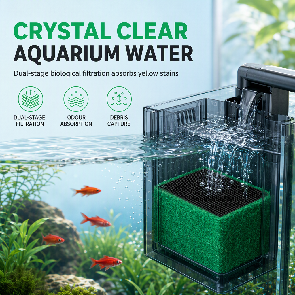 💧 Waarom zweven er nog deeltjes in je aquarium? Dit poreuze koolfilterblok filtert in twee lagen: grof vuil buiten, geuren en opgeloste stoffen binnen.