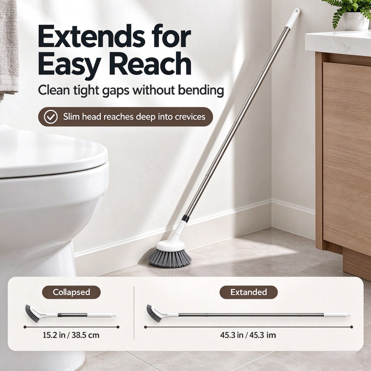 🚽 Nooit meer bukken! Deze telescopische borstel reinigt elke hoek – zelfs achter het toilet. L-vormig, RVS, 38,5-115 cm.