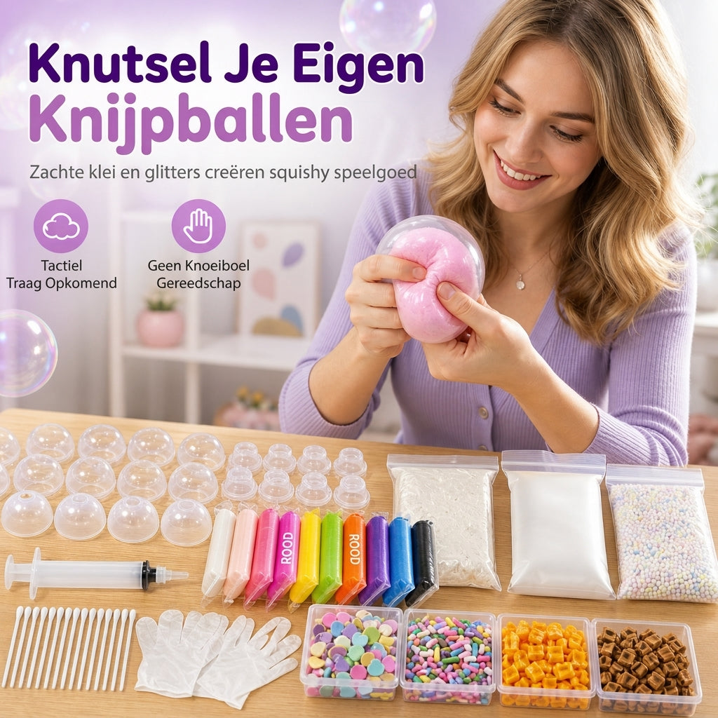 🎁 Het leukste DIY-cadeau: zelf een knijpbal maken met klei en glitter. Lekvrij, herbruikbaar en zonder plakkerige tafel – uren knijpplezier voor kinderen vanaf 6 jaar.