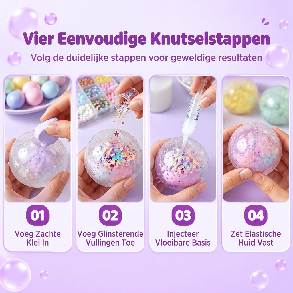 🎁 Het leukste DIY-cadeau: zelf een knijpbal maken met klei en glitter. Lekvrij, herbruikbaar en zonder plakkerige tafel – uren knijpplezier voor kinderen vanaf 6 jaar.