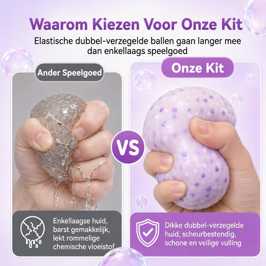 🎁 Het leukste DIY-cadeau: zelf een knijpbal maken met klei en glitter. Lekvrij, herbruikbaar en zonder plakkerige tafel – uren knijpplezier voor kinderen vanaf 6 jaar.