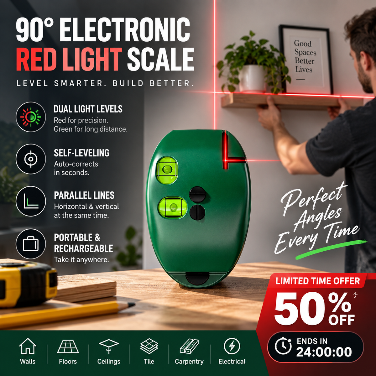 🛠️💡 50% KORTING! Stop met het scheef ophangen van je planken! Deze 90-graden laserwaterpas met infrarood projecteert een perfecte rechte hoek op elke muur, elke tegel, elk project