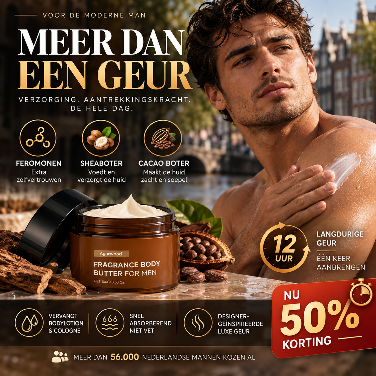 🧴 50% korting! Feromoon body butter voor mannen – 12 uur geur, shea- & cacaoboter, niet-vet & geur + hydratatie in één. 56.000+ mannen kozen dit! ✨💪