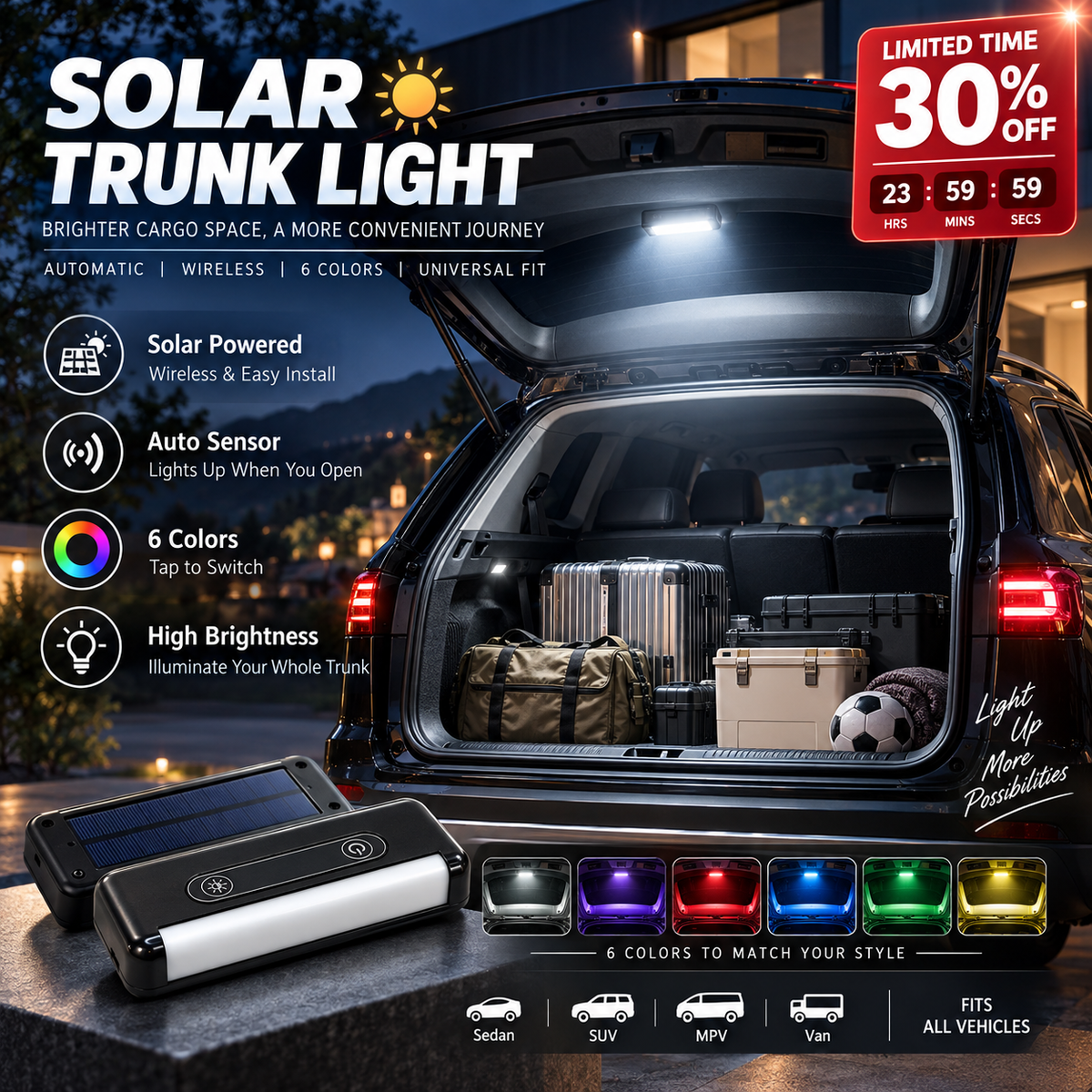 🔆 Solar LED Trunk Light for Cars – Automatic Sensor, Wireless, 6 Colors, for SUVs and Vehicles