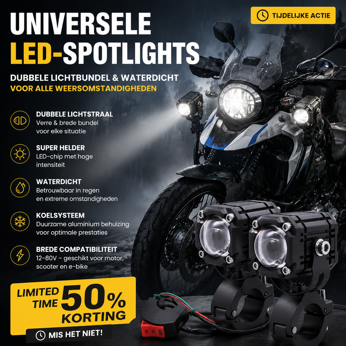 🏍️ Universele LED-Spotlights – Dubbele Lichtbundel & Waterbestendig 💡
