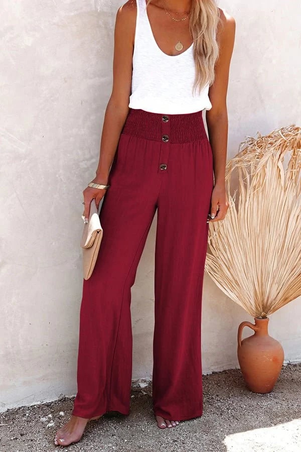 Linnenmix gesmokte broek met hoge taille