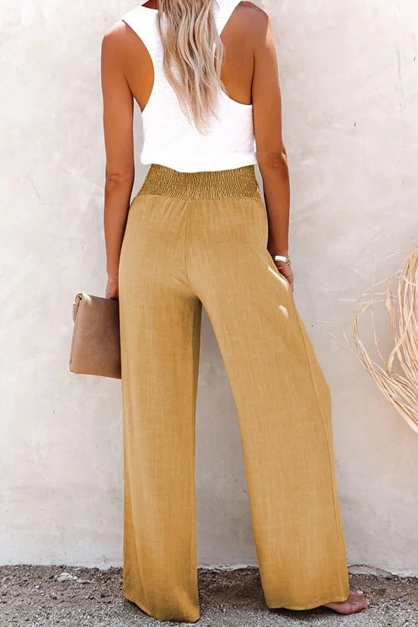 Linnenmix gesmokte broek met hoge taille