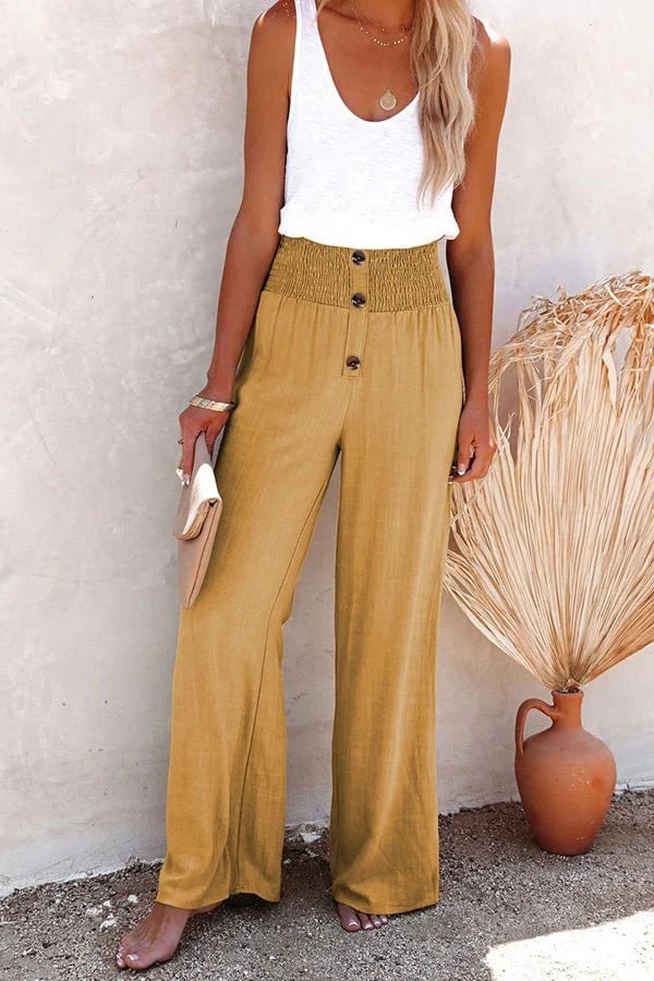 Linnenmix gesmokte broek met hoge taille