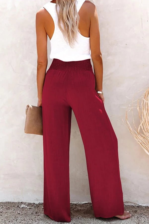 Linnenmix gesmokte broek met hoge taille